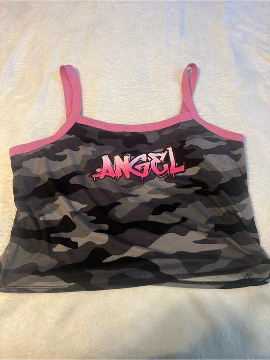 No Boundaries Tops - No Boundaries Girls Gray Camo Tank Top with Pink Trim and 'Angel' Graphic